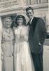 Evan H. and Norma and Sarah Barton by the Mesa temple on their wedding day.